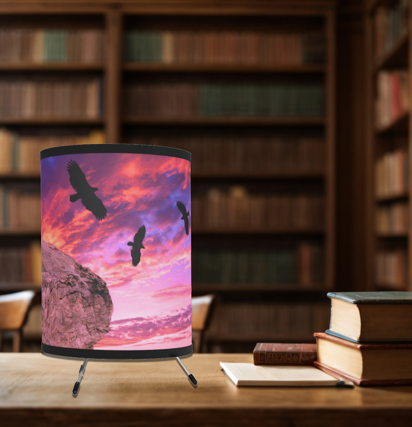 Farmhouse Country Birds Sunset Lamp, New Home Wedding Gift For Couple, Rustic Nature Log Cabin Decor, Seascape Bedside Tripod Table Lamp - Image 3