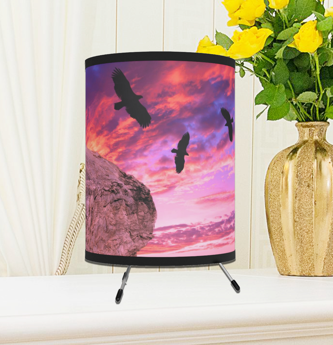 Farmhouse Country Birds Sunset Lamp, New Home Wedding Gift For Couple, Rustic Nature Log Cabin Decor, Seascape Bedside Tripod Table Lamp - Image 4