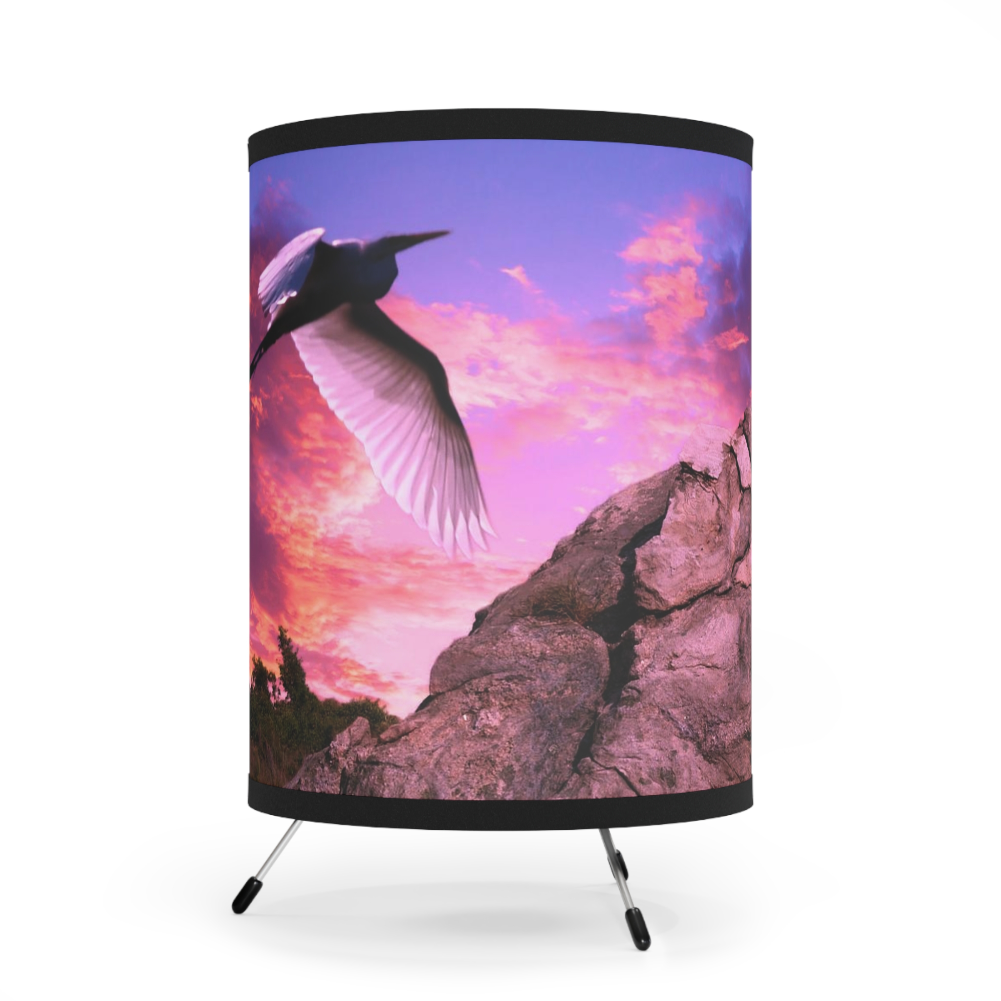 Farmhouse Country Birds Sunset Lamp, New Home Wedding Gift For Couple, Rustic Nature Log Cabin Decor, Seascape Bedside Tripod Table Lamp - Image 7