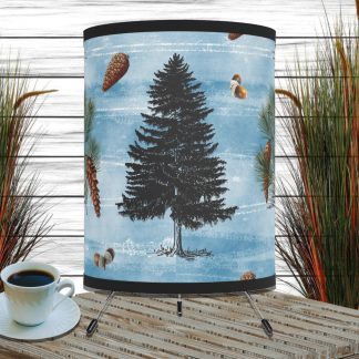 Blue Rustic Lamp, Log Cabin Decor, Cottagecore Pine Tree Tripod Lantern Lamp, Father's Day Dad Gift For Him, Pine Trees