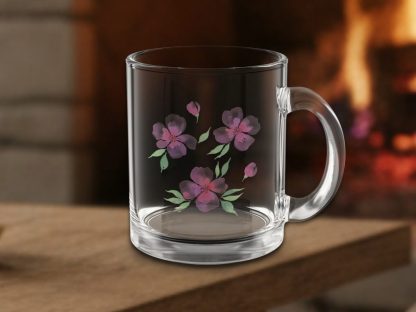 Clear glass mug with pink flowers and green leaves design, placed on a wooden surface near a cozy, blurred fireplace background. Warm and inviting tone.