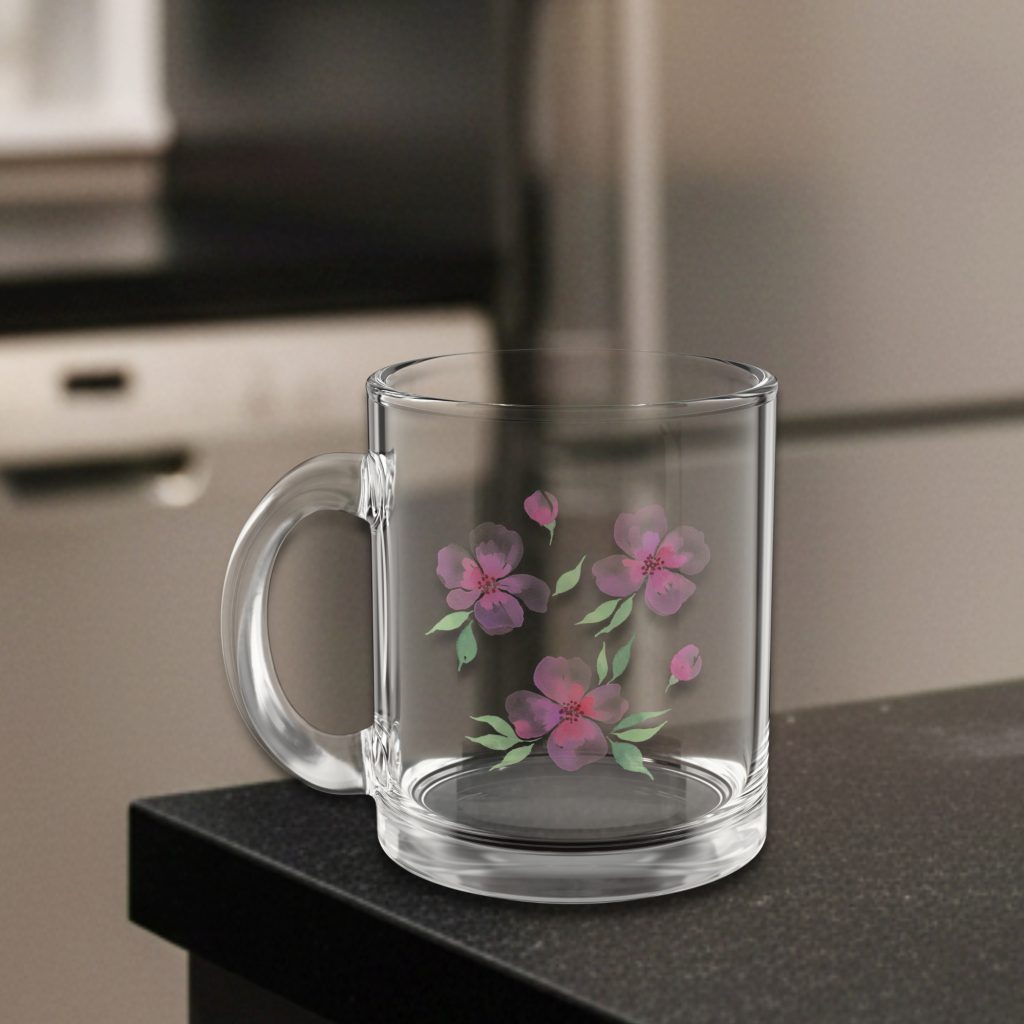 Pastel Floral Nature Glass Mug, 10 oz Clear Coffee Cup, Birthday Gift, Heat Resistant Tea Mug, C Handle Glassware, Botanical Drinkware - Image 3