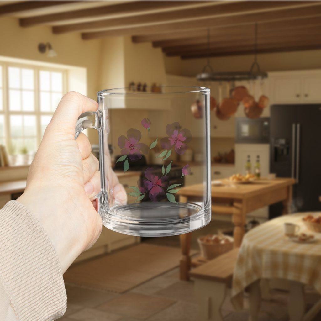 Pastel Floral Nature Glass Mug, 10 oz Clear Coffee Cup, Birthday Gift, Heat Resistant Tea Mug, C Handle Glassware, Botanical Drinkware - Image 6