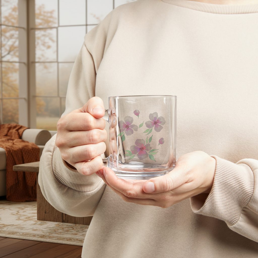 Pastel Floral Nature Glass Mug, 10 oz Clear Coffee Cup, Birthday Gift, Heat Resistant Tea Mug, C Handle Glassware, Botanical Drinkware - Image 2