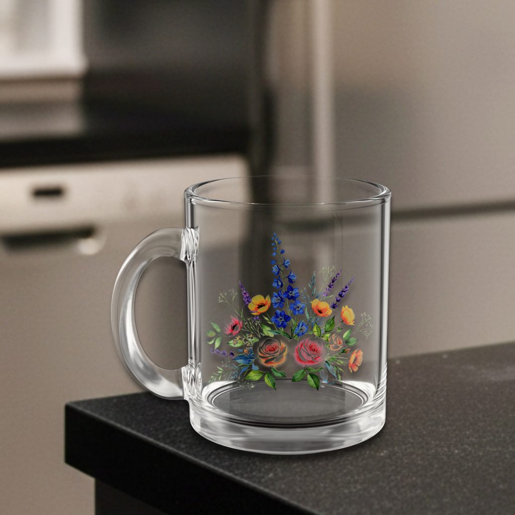 Floral Glass Mug, 10 oz Clear Coffee Cup, Gift for Her, Heat Resistant Tea Mug, C Handle Glassware, Botanical Drinkware, Spring Kitchen - Image 3