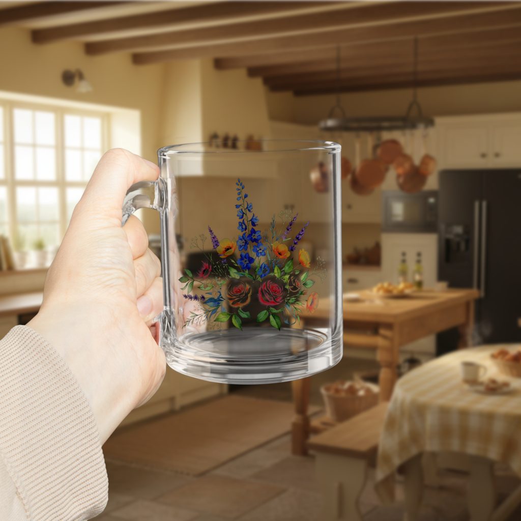 Floral Glass Mug, 10 oz Clear Coffee Cup, Gift for Her, Heat Resistant Tea Mug, C Handle Glassware, Botanical Drinkware, Spring Kitchen - Image 6