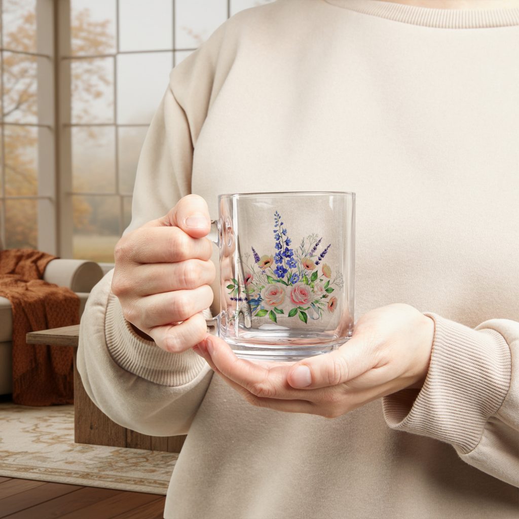 Floral Glass Mug, 10 oz Clear Coffee Cup, Gift for Her, Heat Resistant Tea Mug, C Handle Glassware, Botanical Drinkware, Spring Kitchen - Image 2