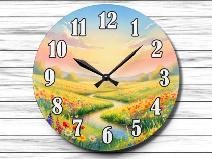 Wall-mounted watercolor landscape clock. A battery operated home gift that brings artistic nature-inspired charm to any space.