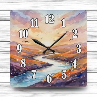 Wall-mounted watercolor clock with scenic design. A battery operated home gift that adds artistic charm and nature-inspired style to any room.