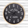 A round wall clock with a wooden frame and black chalkboard face displays white numbers. The text "Every Second Counts" is written diagonally across the center. The background is light wooden planks, creating a rustic feel.