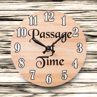Round wooden clock with black hands, Arabic numerals, and "Passage of Time" in elegant script. Background is wood with dark grain.