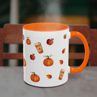 Orange-accented mug with autumn-themed designs, featuring pumpkins, apples, leaves, and coffee cups. Steam rises, suggesting a warm drink inside. Cozy vibe.