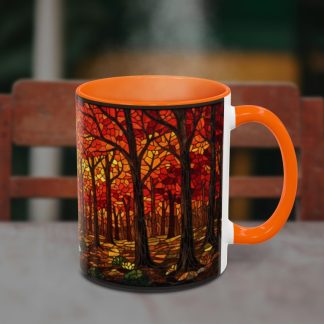 Orange mug with a vibrant autumn forest design, featuring red and orange leaves on dark trees. It sits on a table, exuding warmth and coziness.