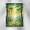 Sticker with a serene forest scene with tall trees, green foliage, and a winding path leading to a bright horizon. Wildflowers in various colors line the path.
