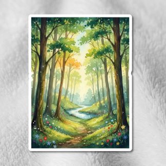 Sticker with a serene forest scene with tall trees, green foliage, and a winding path leading to a bright horizon. Wildflowers in various colors line the path.