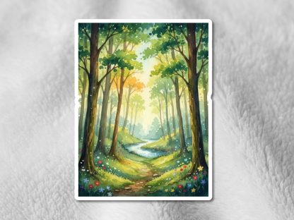 Sticker with a serene forest scene with tall trees, green foliage, and a winding path leading to a bright horizon. Wildflowers in various colors line the path.