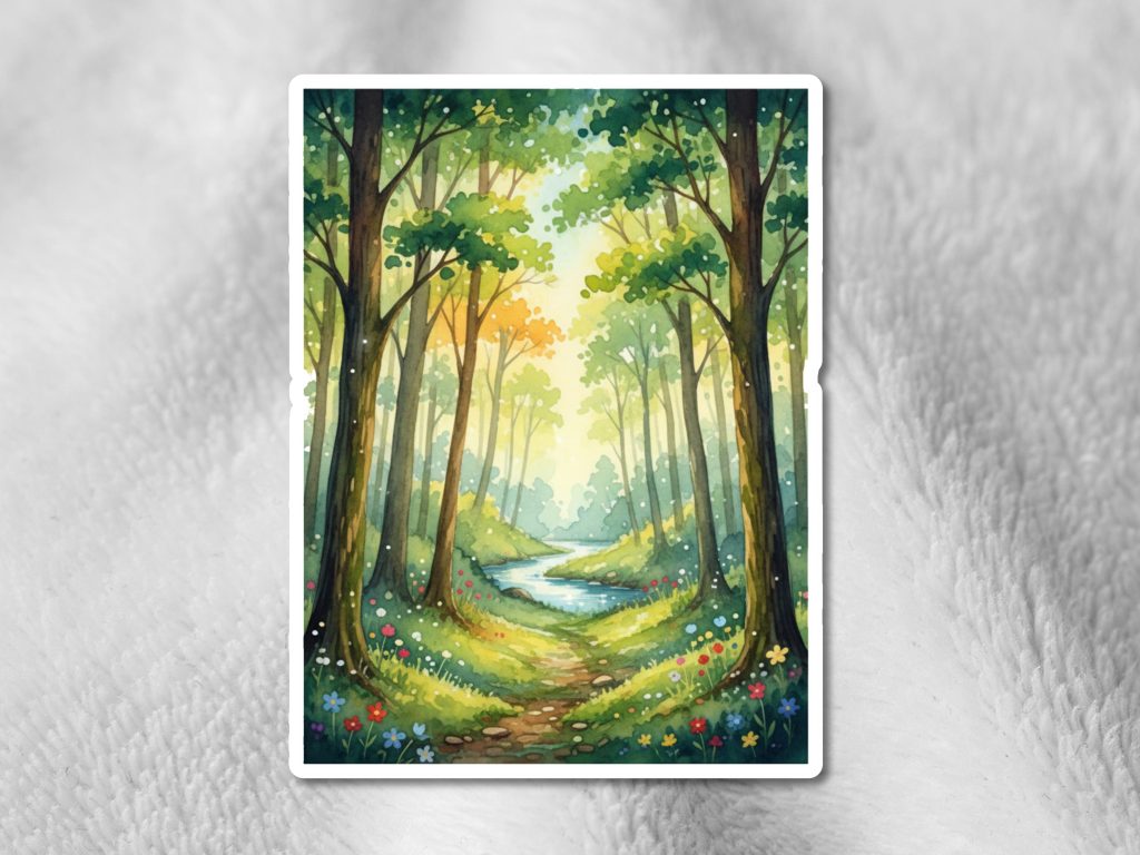 Sticker with a serene forest scene with tall trees, green foliage, and a winding path leading to a bright horizon. Wildflowers in various colors line the path.