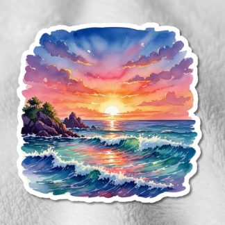 Sticker with a vibrant sunset over a calm sea with colorful clouds and waves reflecting hues of pink, orange, and blue. A rocky outcrop with trees is to the left.
