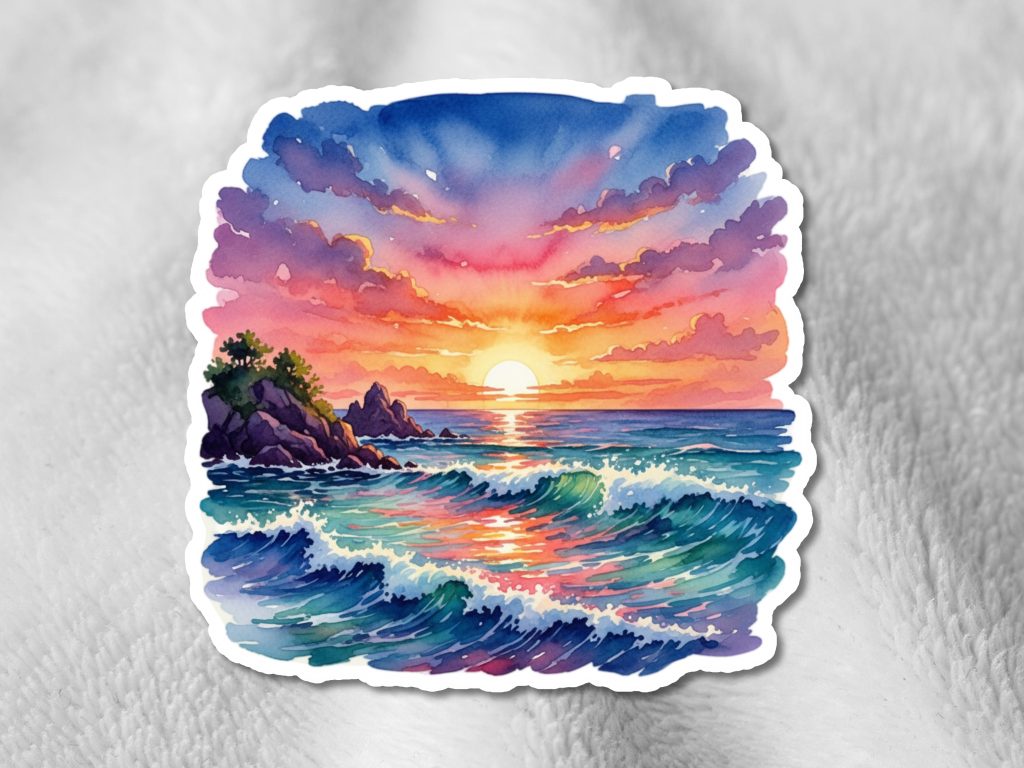 Sticker with a vibrant sunset over a calm sea with colorful clouds and waves reflecting hues of pink, orange, and blue. A rocky outcrop with trees is to the left.