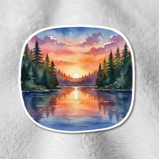 Watercolor sunset sticker with vibrant colors and satin finish. Waterproof vinyl design makes a thoughtful gift for him and nature lovers.