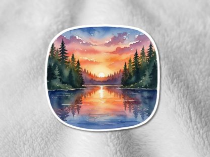 Watercolor sunset sticker with vibrant colors and satin finish. Waterproof vinyl design makes a thoughtful gift for him and nature lovers.