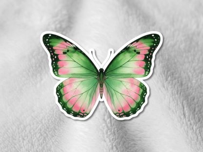 A vibrant butterfly with green and pink wings rests on a soft, textured gray surface. The butterfly's symmetrical design adds a sense of calm and beauty.
