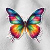 A vibrant rainbow butterfly sticker with melted edges on a soft, textured white background. The butterfly is symmetrical and multicolored, conveying a sense of whimsy and creativity.