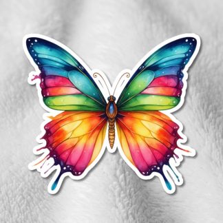 A vibrant butterfly sticker on a soft gray surface. The wings are a gradient of blue, green, pink, and orange, with a dripping paint effect.