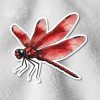 Illustration of a vibrant red dragonfly sticker on a soft, white textured background. The wings are detailed, creating a lively and artistic feel.