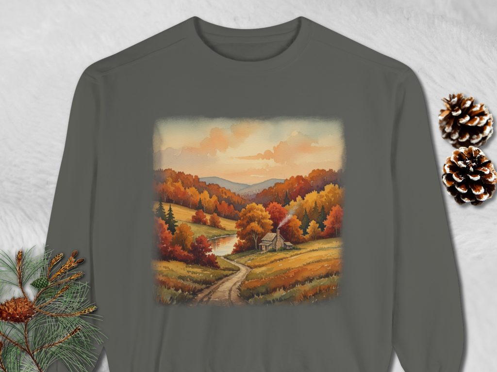 A gray sweatshirt features a serene autumn landscape, with a winding path leading to a small cabin surrounded by vibrant fall trees and rolling hills under a soft, warm sky.