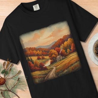 A black T-shirt displays an autumn landscape with a path, colorful trees, a small house, and distant mountains. Nearby are pine sprigs and a cup of coffee.