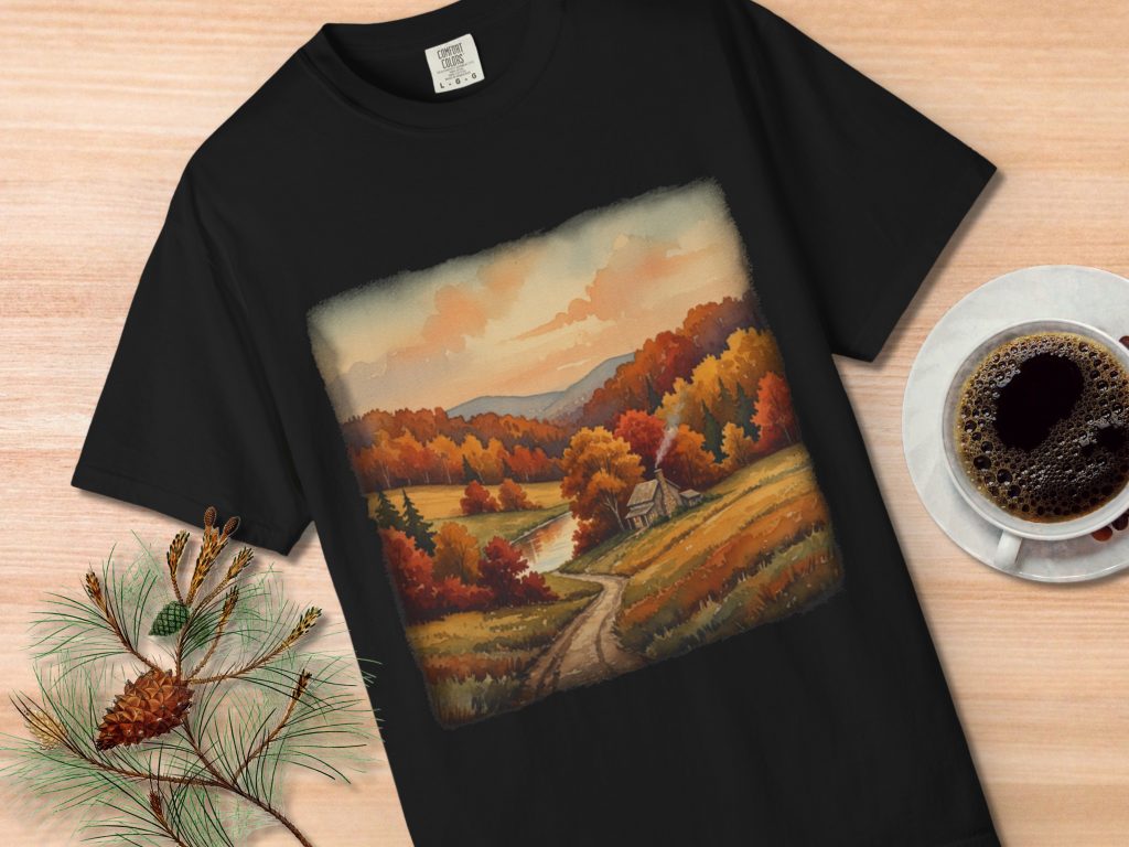 A black T-shirt displays an autumn landscape with a path, colorful trees, a small house, and distant mountains. Nearby are pine sprigs and a cup of coffee.