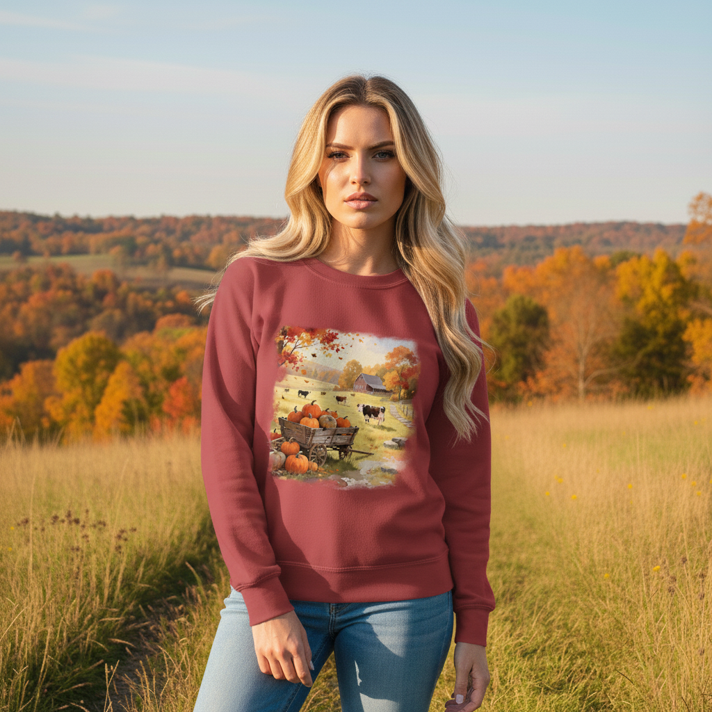 Vintage Style Farm Art Sweatshirt, Nature Lover Gift, Cotton Blend, Pre-Shrunk, Classic Fit, Rustic Country Scene, Cozy Fall Apparel - Image 2