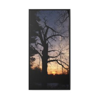 Silhouetted Tree Sunset Framed Canvas Wall Art | Glowing Twilight Sky | Warm Orange and Soft Blue Landscape Décor