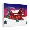 Canvas painting of a cozy red house with warm glowing windows, surrounded by snow-laden trees. Smoke puffs from the chimney under a pink and purple twilight sky. Decorated Christmas trees outside.