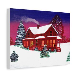 Canvas painting of a cozy red house with warm glowing windows, surrounded by snow-laden trees. Smoke puffs from the chimney under a pink and purple twilight sky. Decorated Christmas trees outside.