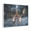 Santa Claus's Reindeer pulling a red sleigh through a snowy forest, with softly falling snow creating a festive, serene Christmas winter scene. The image evokes a magical and joyful holiday spirit. Printed canvas wall art.