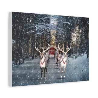 Santa Claus's Reindeer pulling a red sleigh through a snowy forest, with softly falling snow creating a festive, serene Christmas winter scene. The image evokes a magical and joyful holiday spirit. Printed canvas wall art.
