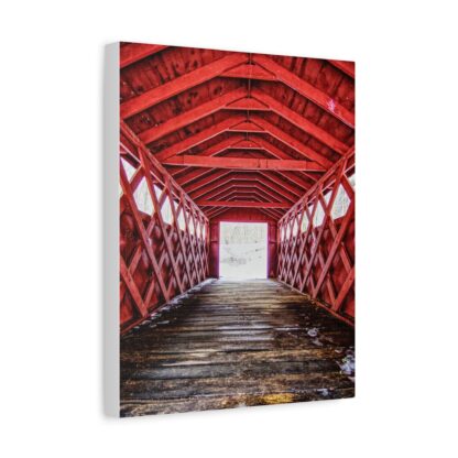 Red covered bridge canvas wall art with wooden walkway and rustic farmhouse decor style