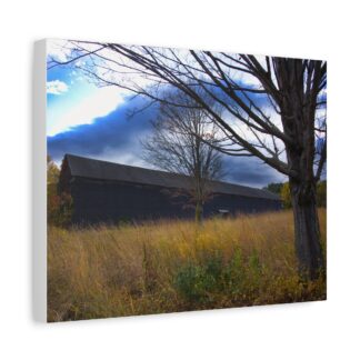 A canvas on a wall depicts a dark barn behind tall grass and bare trees under a moody sky. A plant and couch frame the serene setting.