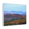 Panoramic autumn mountain landscape canvas wall art with misty blue hills and colorful fall foliage