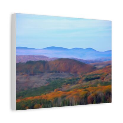 Panoramic autumn mountain landscape canvas wall art with misty blue hills and colorful fall foliage