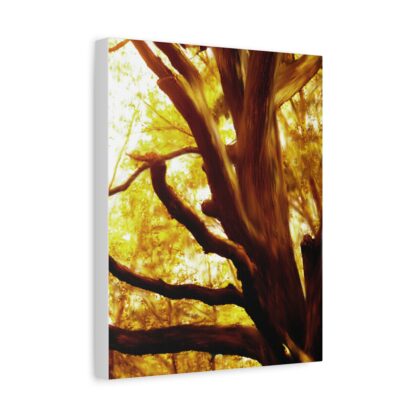 A large canvas painting of a tree with thick branches, set against a glowing golden background,