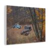 Canvas wall print of two rusted vintage cars decaying in an autumn forest, surrounded by bare trees and orange leaves, conveying a sense of nostalgia and abandonment.