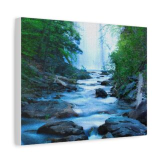 Canvas Wall art depicting a serene waterfall and stream flowing through a lush green forest, with rocks and trees. The setting is calm and natural.