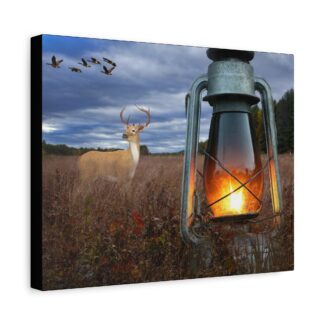 Canvas wall art features a serene landscape with a deer standing in a field under a cloudy sky. A lit lantern glows warmly in the foreground, and a flock of birds is flying above.