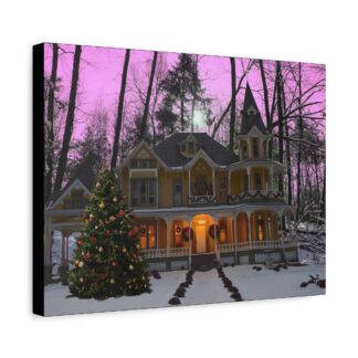 Canvas wall art print with Victorian house in snowy forest, adorned with Christmas lights and wreaths. A decorated tree stands in front, with a vibrant purple sky above.