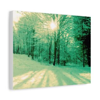 A vintage style canvas print of a winter forest scene with snow-covered trees and sunlight streaming through branches, casting long shadows