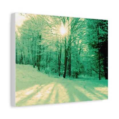 A vintage style canvas print of a winter forest scene with snow-covered trees and sunlight streaming through branches, casting long shadows