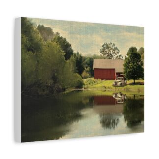 A serene landscape painting on canvas depicts a red barn, vintage truck, lush trees, and a reflecting pond, creating a peaceful and nostalgic rural scene.